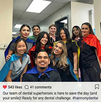 The friendly Harmony Dental Care team dressed up in creative costumes, celebrating together at our office Halloween party
